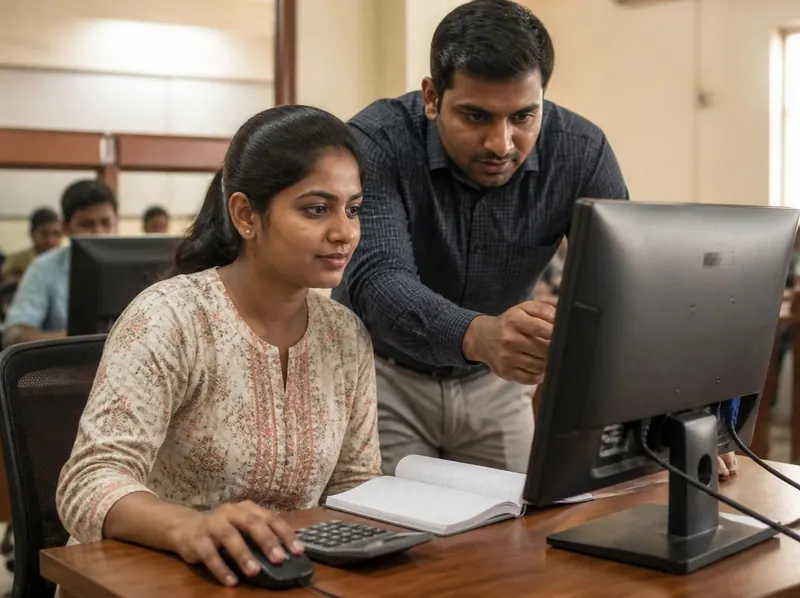 A student working on accounting software at a computer, with a calculator and notebook, while a teacher explains