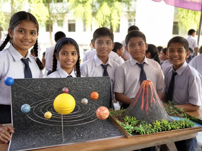 Smiling primary school children with a solar system model and a volcano model