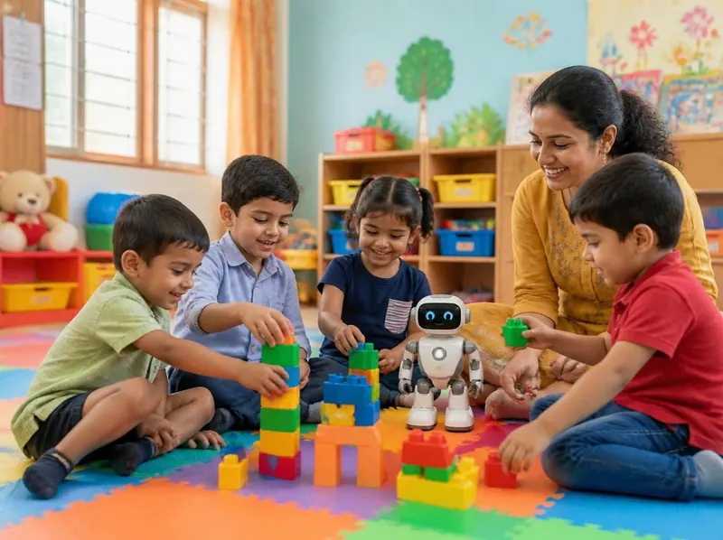 Kindergarten children building with large blocks beside a small toy robot, with their teacher