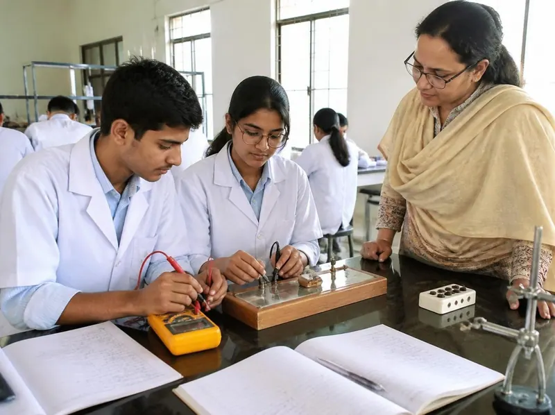Senior students in lab coats measuring a circuit with a multimeter while their teacher watches
