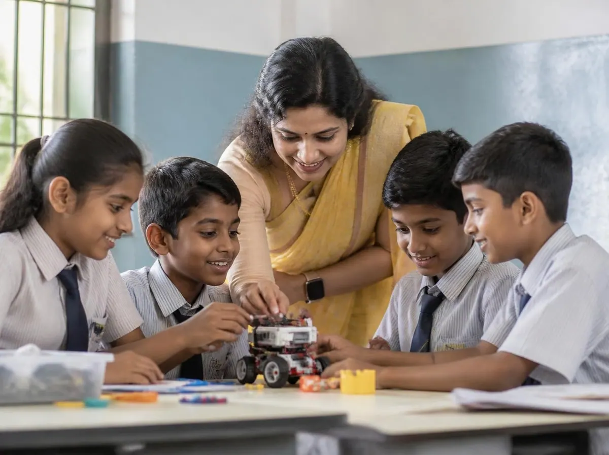 A teacher helping school children assemble and test a small wheeled robot