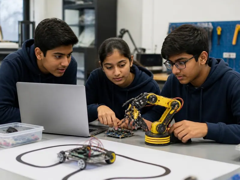 Three teenage students programming a robotic arm and a line-following robot from a laptop