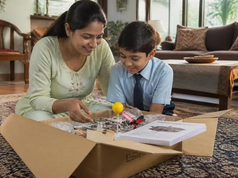 A mother and her son unpacking a science project kit and its printed report at home